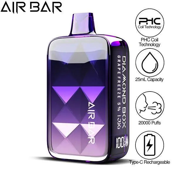 Best Deal Air Bar Diamond Box 20000 Puffs Rechargeable Vape 25mL Grape Freeze 