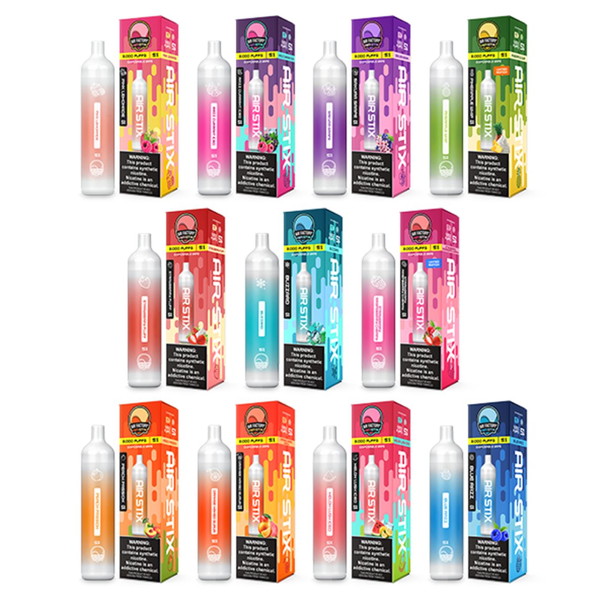 Air Factory Air Stix 3000 Puff 1 Pack Disposable Vape Best Flavors Pink Lemonade Razz Currant Ice Sakura Grape Pineapple Whip Strawberry Fluff Blizzard Strawberry Raspberry Cherry Peach Passion Orange Mango Guava Melon Lush Ice Blue Razz