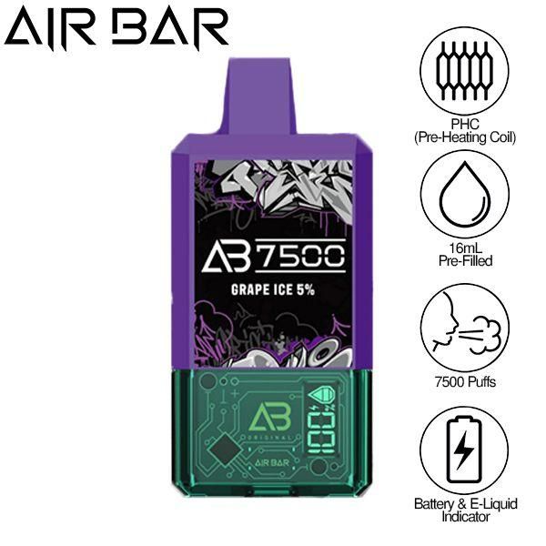Air Bar AB7500 Puffs 16mL Disposable Vape 10 Pack Best Flavor Grape Ice