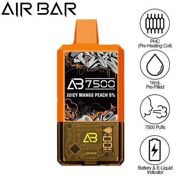 Air Bar AB7500 Vape 5% 10-Pack 16mL Best Flavor Juicy Mango Peach