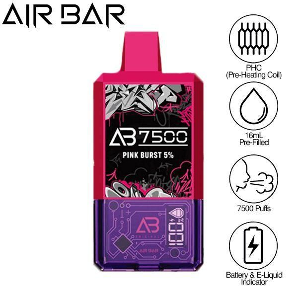 Air Bar AB7500 Puffs 16mL Disposable Vape 10 Pack Best Flavor Pink Burst