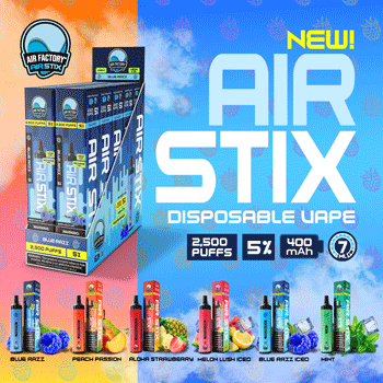 Air Factory Air Stix Rechargeable Disposable Vape 10-Pack Best Flavors Blue Razz Peach Passion Aloha Strawberry Melon Lush Iced Blue Razz Iced Mint