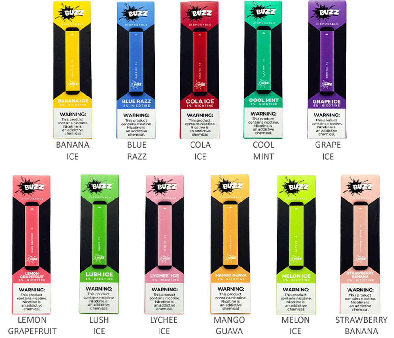 Barz aka Buzz Disposable Vape - Pack of 10 Best Flavors Banana Ice Blue Razz Cola Ice Cool Mint Grape Ice Lemon Grapefruit Lush Ice Lychee Ice Mango Guava Melon Ice Strawberry Banana